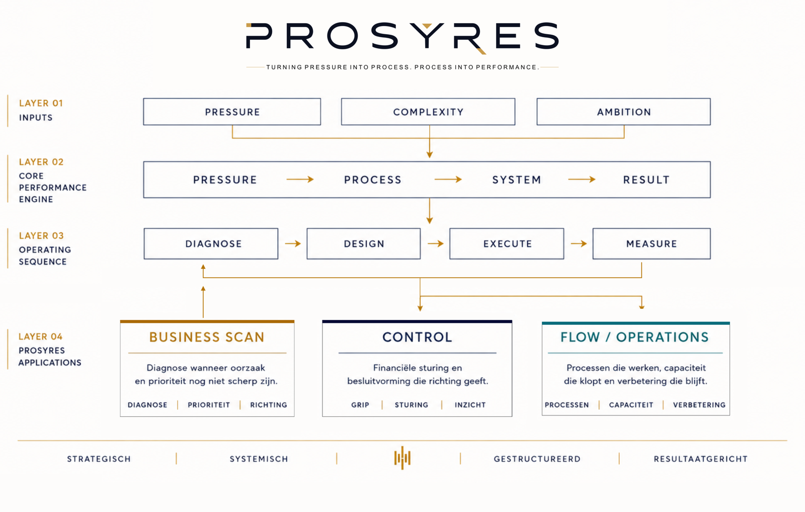 Prosyres-methodediagram voor Business Scan, Control, Flow en prestatieverbetering.